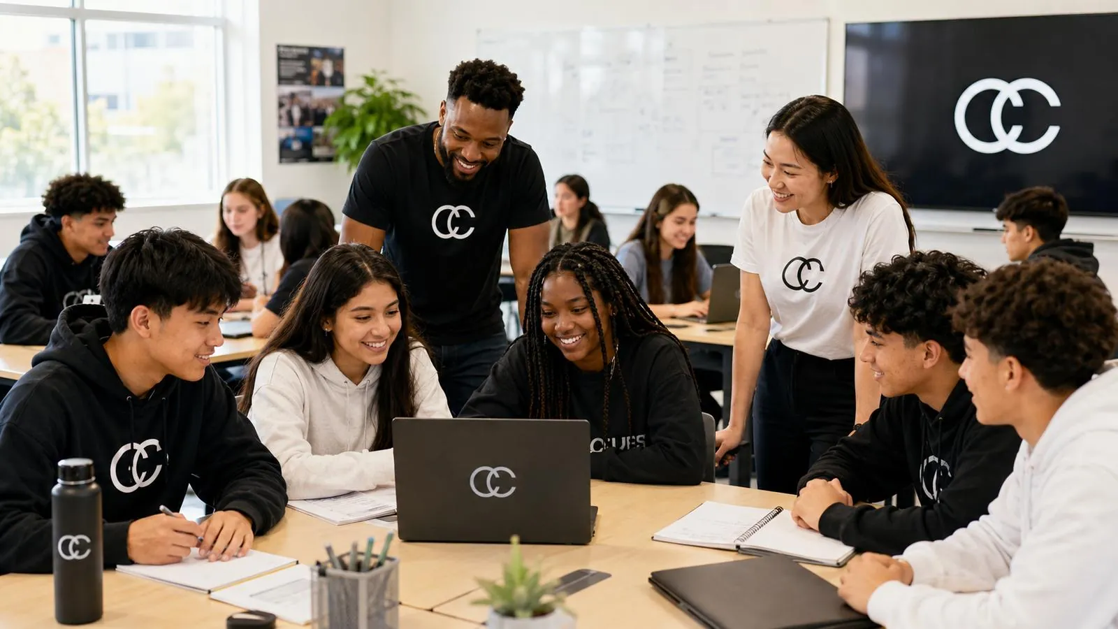 Students working with Creators Connect mentors in a classroom